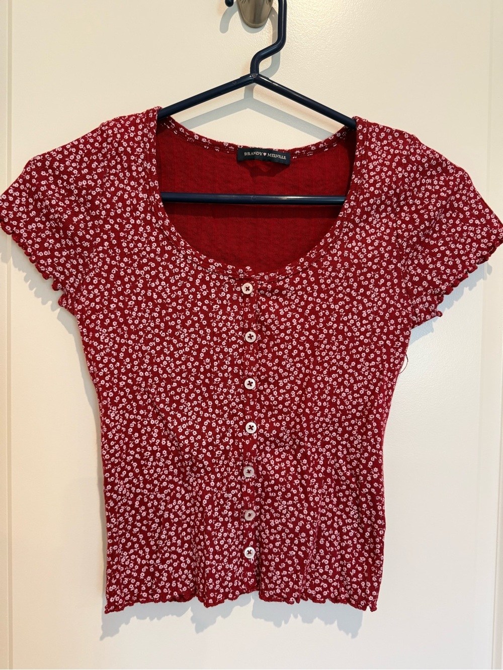Brandy Melville Red Floral Button-Front Crop Top